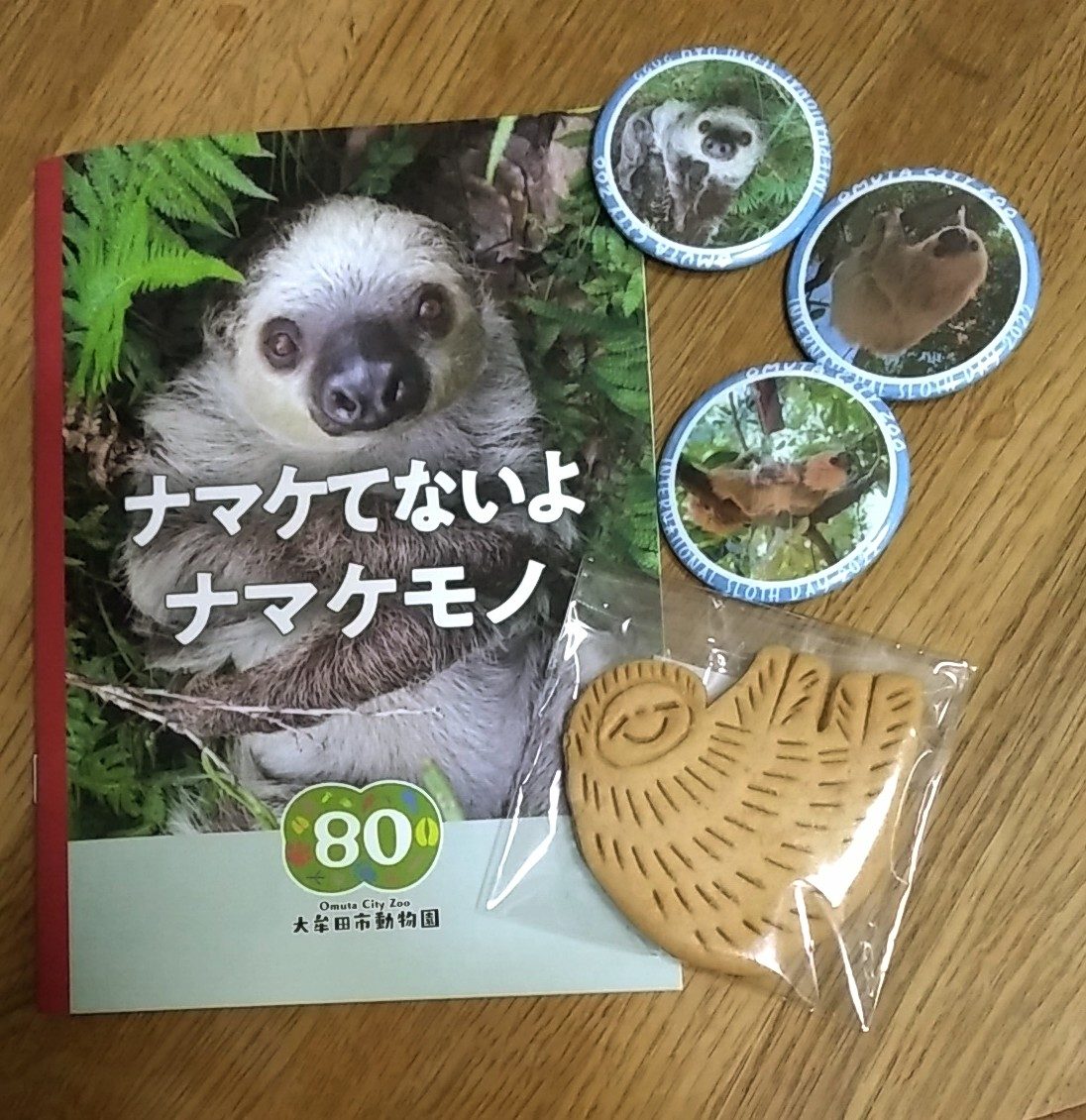 ナマケモノ缶バッヂとクッキー